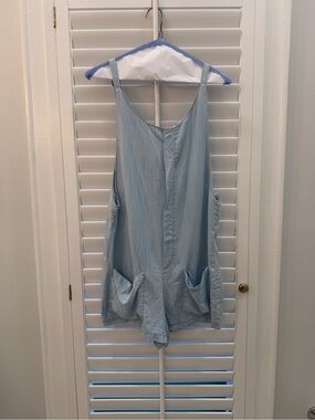 Bishop + Young Chambray Romper Small Light Blue Pocket Sleeveless